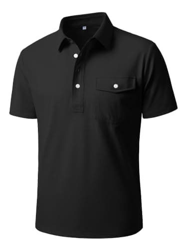 JEMLDL Men Short Sleeve Polo Shirts Stretch Slim Fit Shirt with Pocket Business Casual Summer Work Comfort T-Shirt Black XL
