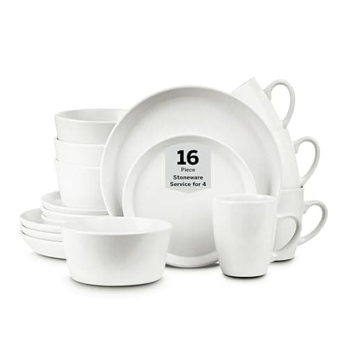 Stone Lain Albie Stoneware 16 Piece Modern Dinnerware Set, Plates and Bowls Sets, Service for 4, White Speckled, Microwave & Dishwasher Safe