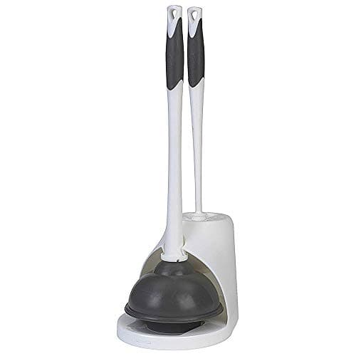 Clorox Toilet Plunger and Brush Bowl Set with Holder Caddy Storage for Cleaning Bathroom and Unclogging Toilets, White and Gray