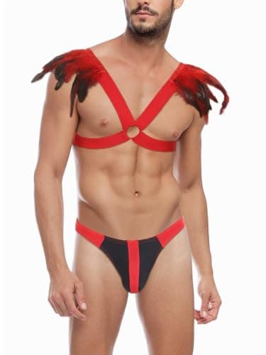 BBOYMMYOBB Sexy Mens Feather Wing Harness Chest shoulder Strap Punk Gothic Shrug Cape Angel Shawl Lingerie underwear Costume (Black&Red)