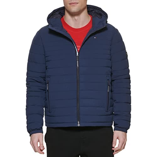 Tommy Hilfiger Men's Stretch Poly Hooded Packable Jacket, Midnight, Large