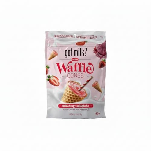 got milk? Mini Waffle Cones, Strawberry Milkshake, 4.24 Oz. Resealable Bag, Delicious White Chocolate Filled Cocoa Waffle Bites, Mini Ice Cream Cones for Dessert or Snack, Case Pack, Case of 12 Bags