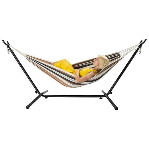Hammock with Heavy-Duty Steel Stand for Outside，Hammocks 450 Lb Capacity，Portable Hammock，2 People Standing Hammocks，Suitable for Beach，Backyard, Gardens, Patio, Bedroom，100 * 40 * 38 Inch (Coffee)