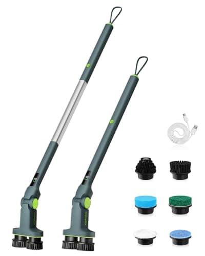 Electric Spin Scrubber Cordless Dual-Brush, IPX7 Waterproof Bathroom Power Scrubber Removalbe Extendable Handle with Digital Display, 2 Speeds, 6 Brush Heads for Bathroom, Tub, Tile, Shower, and Car