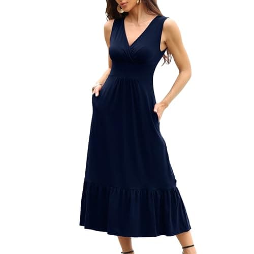 LUOFEN Womens Dresses Summer Wrap V Neck Sleeveless Empire Waist Maxi Dress Ruffle Hem A-Line Flowy Long Dresses 2024,Navy M