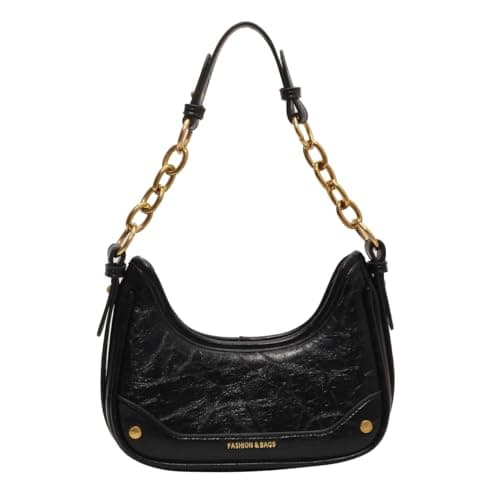 Women Shoulder Bag PU Leather Crossbody Handbag with Gold Chain Strap, Small Clutch Hobo Purse for Daily, Work, Date, Gift(Black)