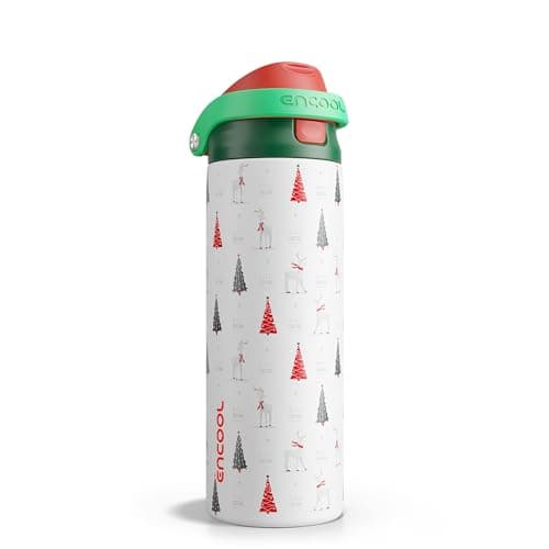ENCOOL Christmas SwiftSip Insulated Water Bottle with Straw, Stainless Steel Water Bottle, Leak Proof BPA-Free, Keeps Cold for 24 Hours for Sports, Christmas Holiday Gifts for Women, 24oz, Nordic Noel