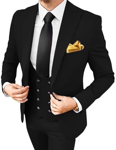 Bessmate 3 Pieces Men's Slim Fit Suit Double Breasted Wedding Suits for Men Blazer Prom Jackets Vests Pants Suits Black