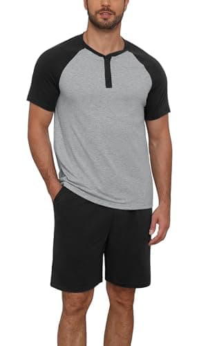 NITAGUT Mens Pajama Set 2 Piece Henley Sleepwear Lightweight Short Sleeve Loungewear Soft Comfy Sleep Set with Button,Black S