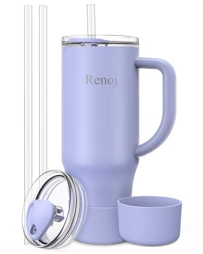 Renoj Insulated Mug 100% Spill Resistant Insulated Water Bottle for Iced Coffee & Hot Drinks - Fits Car Cup Holder, Ideal Gift, 2 Straws & Silicone Boot - FlexSlide Blue 40 oz
