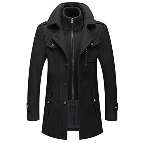 Lu's Chic Men's Winter Warm Thermal Business Casual Dressy Zip Up Jacket Lightweight Slim Fit Top Coat Long Sleeve Single Breasted Peacoat Pockets Wool Trench Coat Black X-Large