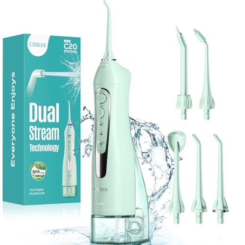 COSLUS ADA Accepted Water Dental Flosser Teeth Pick C20: Portable Cordless Oral Irrigator 300ML Rechargeable Travel Irrigation Cleaner IPX7 Waterproof Electric Flossing Machine, Professional Set Green