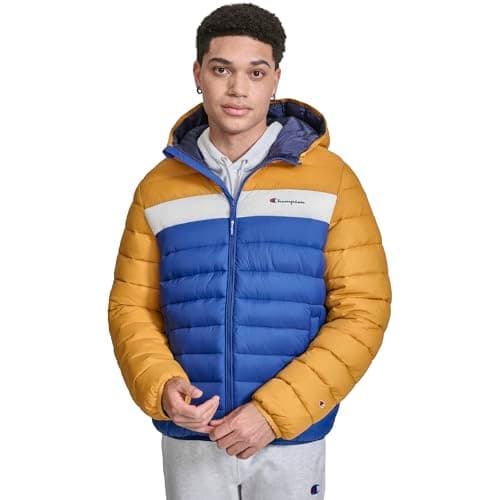 Champion Men's Performance Lightweight Puffer Jacket with Hood, Sunflower Combo, X-Large