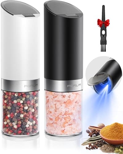 FORLIM Gravity Electric Salt and Pepper Grinder Set with Dust Cover LED Upgraded Batteries Powered Automatic Pepper Grinder Adjustable Coarseness, L Capacity for Kitchen Travel, White & Black