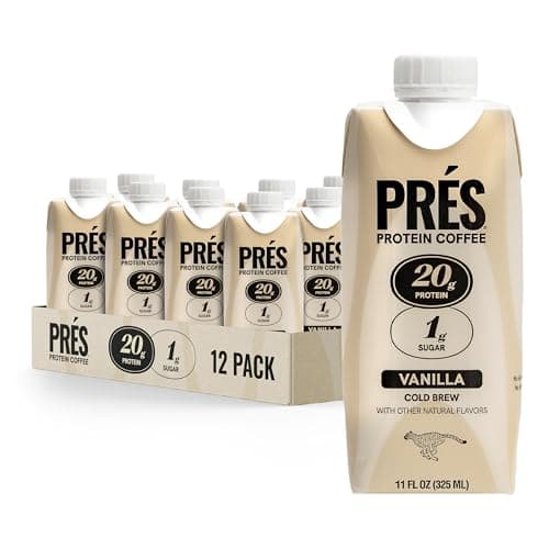 PRES Protein Coffee, Vanilla, High Protein, Real Cold Brew, 20g Protein, 1g Sugar, 100 Calories, Protein Snacks, No Added Sugar, Coffee, Breakfast, Protein, Kosher, Soy Free, Nut Free, Non-GMO, Low Carb (12 Pack)