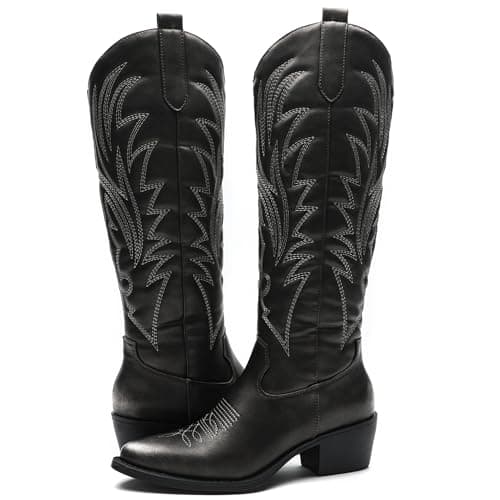 GLOBALWIN Women's Brushed Silver Cowboy Boots For Women Embroidered Knee High Boots Western Cowgirl Boots 6M