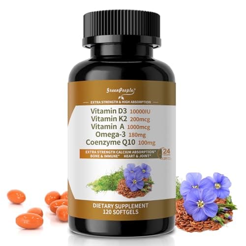 GREENPEOPLE Vitamin D3 K2 Softgel - 5-in-1 D3 K2 Vitamin 10000 iu, 200 mcg K2 MK7, VIT A, Omega-3 & CoQ10 for Ultimate Absorption - K2 D3 Vitamin Supplement Support Ca Absorption, Heart & Bone- 120 CT