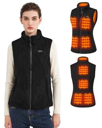 Hecusma Black Fuzzy Heated Vest for Women with 16000mAh 7.4V Battery Pack Included, Sherpa Heated Vest Women, Fleece Heating Vests Cycling-XS