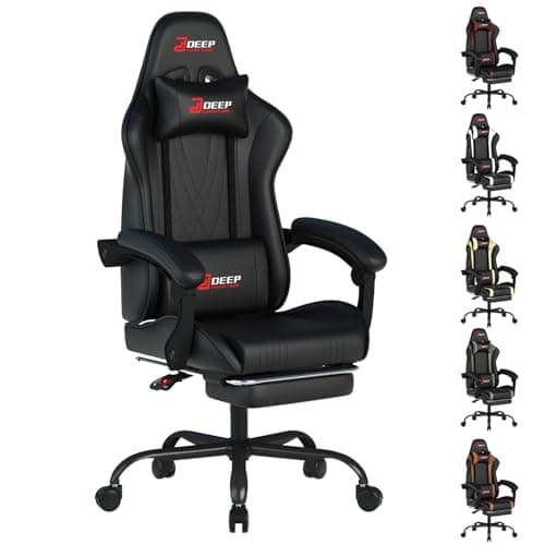 DEEPfurniture Gaming Chair with Footrest, Ergonomic Game Chair with Lumbar Support and Linkage Armrest, Reclining Computer Chair Height Adjustable for Home Office (1001-Black)