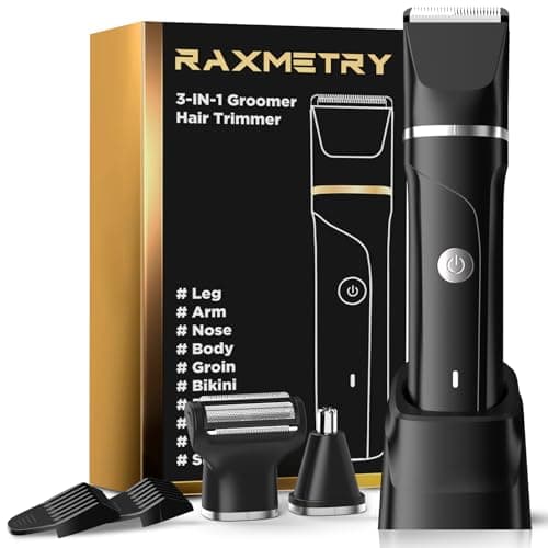 RAXMETRY Beard Trimmer for Men,Manscape 3-in-1 Electric Razor Groin Groomer,IPX7 Waterproof Wet/Dry,Versatile Body Hair Trimmer for Ball/Beard/Nose,USB Rechargeable & Nose/Shaves Head,Silver