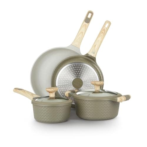 KASANOVA Bambù 6Pcs Cookware set, Die-cast Aluminum pots and pans, Nonstick frying pans and casseroles, Induction safe, PFOA-free (Green and Cream, 6 pcs)