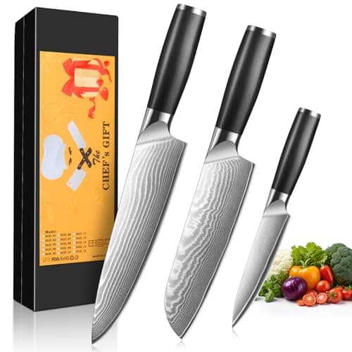 3 Pieces Chef Knife Set, Professional Japanese High Carbon Stainless Steel Kitchen Knife Set, Ultra Sharp Chef Knives Sets with Ergonomic Color Wooden Handle