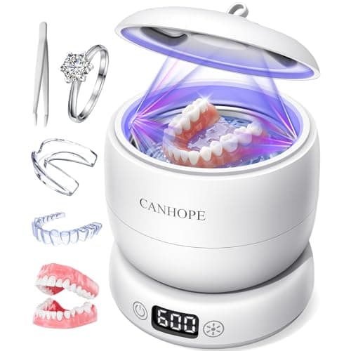 CANHOPE Ultrasonic Retainer Cleaner Machine, 42kHz Professional for Dentures, Aligners, Mouth Guards, Jewelry - IPX7 Waterproof Durable Removable Base and Top Cover, 3 Timer Settings, Quiet White