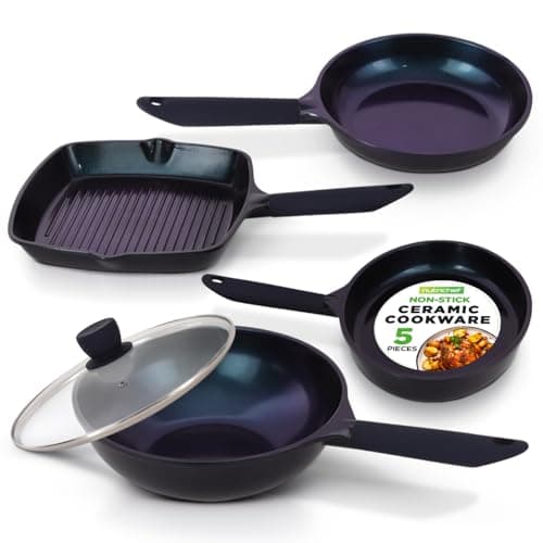 NutriChef NonStick Frying Pans – 5-Piece Skillet Set with Ceramic Coating, Wok, Grill, Fry & Fish Pans – Compatible with All Cooktops, Including Induction – Cool-Touch Handles, Easy-Clean