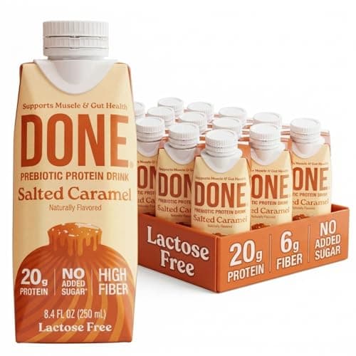 Done Prebiotic Protein Drink, 20G Whey Protein, High Fiber Protein Shake With Prebiotics, Gluten Free, Lactose Free, No Added Sugar, Natural Flavor, Non GMO (Salted Caramel (15 Pack))