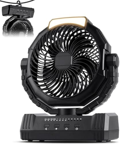 KopBeau Portable Camping Fan with Lights, 20000mAh Rechargeable Battery Operated Fan, Battery Powered Outdoor Beach Tent with 4 Speeds & Hook, Personal USB Table for Camping Accessories