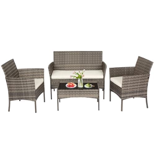 FDW | 4-Piece Patio Furniture Set | Gray & Khakhi | Outdoor Wicker Furniture with Coffee Table | Modern Rattan Chairs Conversation Set | Outdoor Seating | Weather-Resistant | for Porch, Garden, Lawn