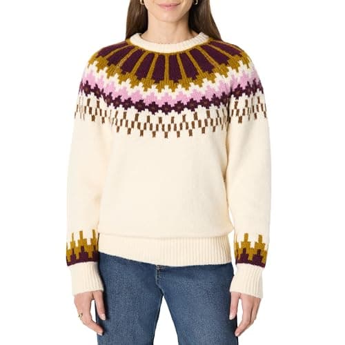 Amazon Essentials (Demi's Pick) Women's Oversized-Fit Fair Isle Crewneck Sweater, Cream Caramel Chevron Knit, Medium