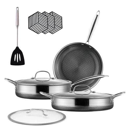 Frying Pan Set,Hybrid Pots and Pans Set,2.5/4/6.5QT Frying Pan,Non Stick 10 Piece Tri-play Cookware Sets,Non-toxic Pan with Tempered Glass Lids,Stay Cool Handles,Induction Dishwasher&Oven Safe