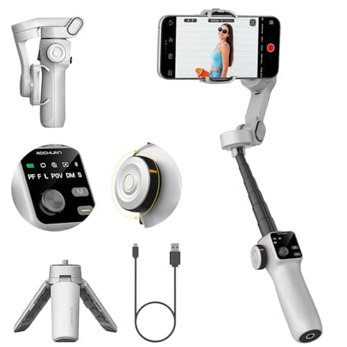 AOCHUAN Gimbal Stabilizer for iPhone & Android, 3-Axis Phone Gimbal with OLED Screen, 7.8" Extendable Rod, Face & Gesture Tracking, Ideal for Vlogging, Travel & Video Recording-Smart V8 White