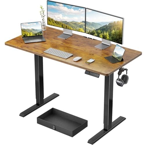 Marsail 48x24 Electric Standing Desk with Drawer, Computer Desk, Sit Stand Office Table with Storage & Hooks & Cable Management, Ergonomic Height Adjustable Table for Home Office, Brown