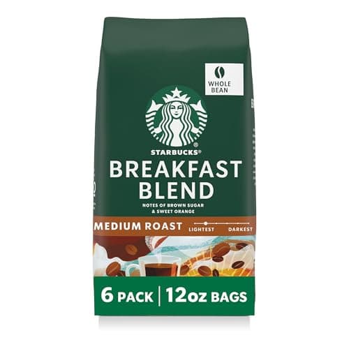 Starbucks Whole Bean Coffee, Medium Roast Coffee, Breakfast Blend, 100% Arabica, 6 bags (12 oz)