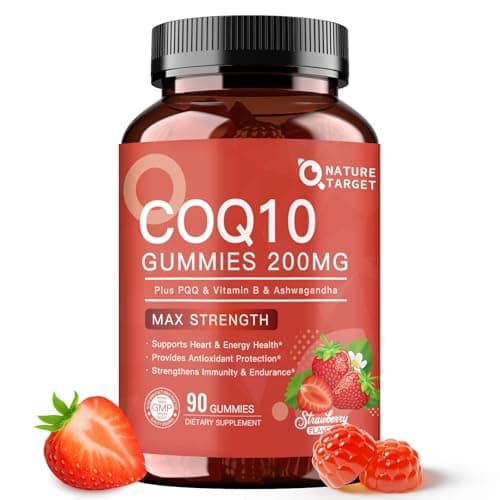 NATURE TARGET CoQ10 Gummies 200mg – High Absorption Coenzyme Q10 Supplements for Heart, Energy & Antioxidant with PQQ，Zinc & Ashwagandha, Strawberry Flavor, 90 Count