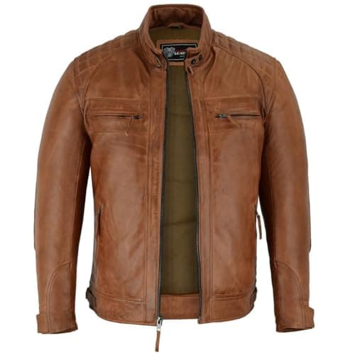 Vance Leather' Men's Cafe Racer Waxed Lambskin Austin Brown Motorcycle Leather Jacket (2X-Large, Austin Brown)