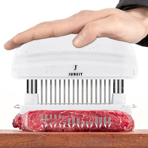 Jureit Meat Tenderizer - Meat Tenderizer Tool with 48 Stainless Steel Needle Blades for Tenderizing BBQ Marinade Beef Chicken Steak Pork - Kitchen Cooking Tool (White)