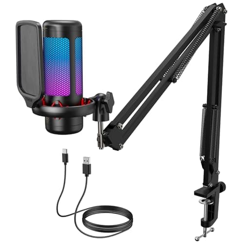 TONOR Gaming Microphone Set with Boom Arm, Vocal Condenser Microphone for PC with Stand, USB Mic with controllable RGB Light, One Tap Mute, Volume Control, for Discord, Twitch Streaming, TC310+