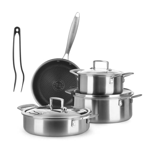 KASANOVA 8-piece Tri-Ply Stainless steel cookware set, Professional-grade Tri-Ply construction, Metal utensil safe, Induction pots and pans set, oven-safe 428°F, with nylon tongs