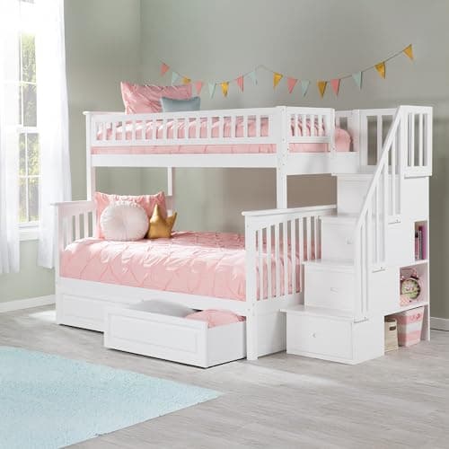 AFI, Columbia Staircase Bunk Bed Twin Over Full with Raised Panel Bed Drawers, White