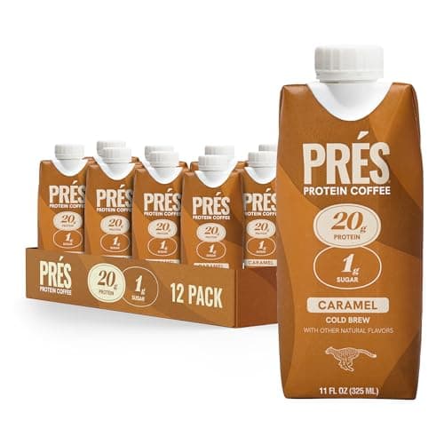 PRES Protein Coffee, Caramel, High Protein, Real Cold Brew, 20g Protein, 1g Sugar, 100 Calories, Protein Snacks, No Added Sugar, Coffee, Breakfast, Protein, Kosher, Soy Free, Nut Free, Non-GMO, Low Carb (12 Pack)