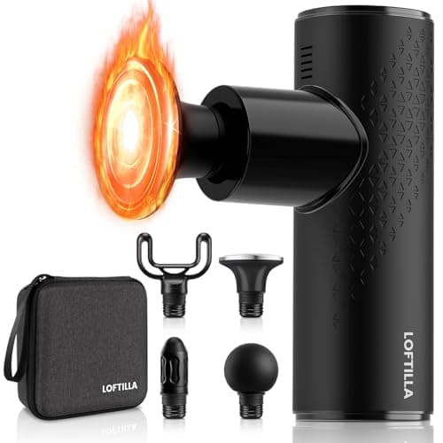 LOFTILLA Mini Massage Gun with Heat - Powerful Deep Tissue Massager, Portable Pocket-Sized Percussion Massager Gun for Muscle Relaxation, 4 Massage Heads, Gift for Men Women, Black