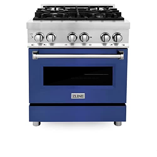 ZLINE 30 in. 4.0 cu. ft. Legacy Dual Fuel Range with 4 Burner Gas Cooktop and Electric Convection Oven in Stainless Steel and Blue Matte Door (RA-BM-30)