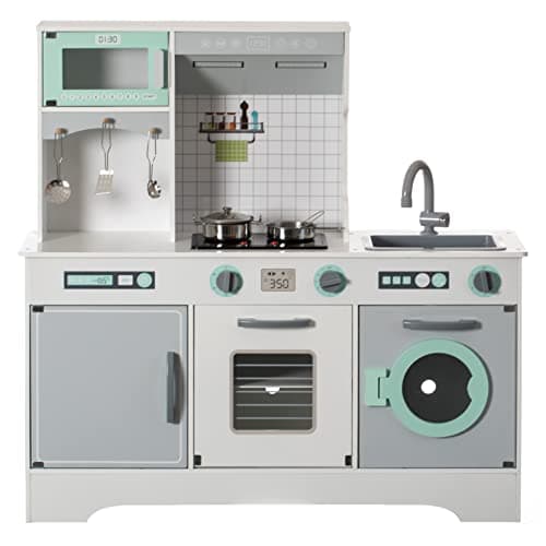 Gardenised Wooden Play Kitchen Toy, Light on Microwave, Cabinet, Washer, Sound Electronic Stove, Microwave and Sink Ages 3+