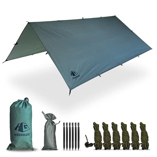 HIKERGEARS Camping Tarp 10x10 ft (3x3 m) Waterproof Lightweight Rain Fly - Backpacking, Hammock Shelter, Emergency Survival Tent, Durable, Compact All-Weather Cover