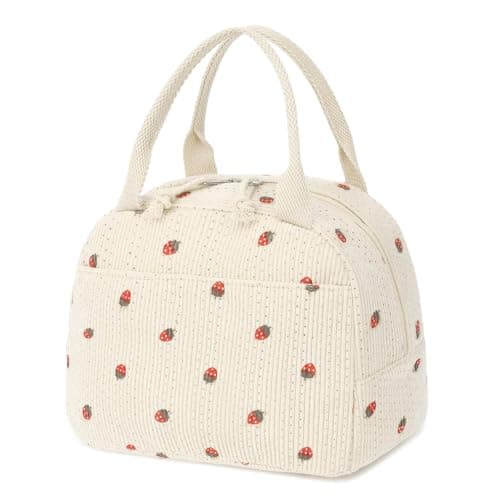 Noilk Lunch Bag, Beige Corduroy with Strawberry Pattern, Insulated Thermal Tote, Portable and Reusable Cooler for School or Work, 8.5L