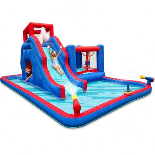 Sunny & Fun 2-in-1 Bounce & Blast Inflatable Water Slide Park – Heavy-Duty for Outdoor Fun - Climbing Wall, Slide, Bouncer, Tunnel & Splash Pool – Easy to Set Up, Included Air Pump & Carrying Case