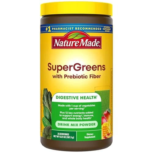 Nature Made Super Greens Powder with Prebiotic Fiber Drink Mix, Made with 1 Cup Veggies Per Serving, Fiber Supplement + Vitamins and Minerals, 25 Day Supply